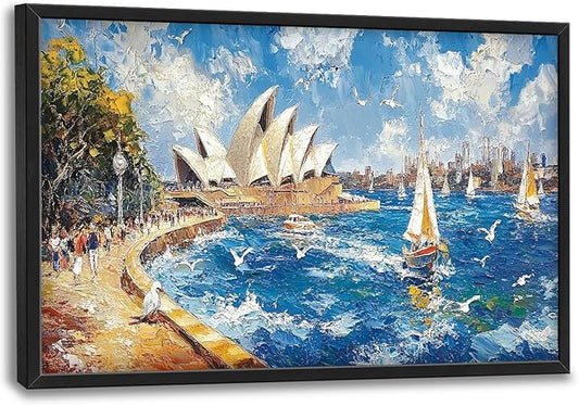Sydney Opera House Large Wall Art Beach Boat Pictures Wall Decor Coastal Canvas Seascape Print Painting Modern Artwork Home Decoration for Living Room Bathroom Bedroom Office Framed 36"x24"