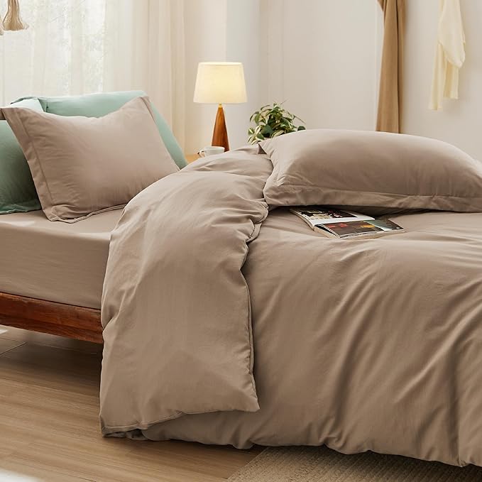 Bedsure California King Size Duvet Cover with Fitted Sheet - 4 Pieces Prewashed Cotton-Like Extra Soft Bedding Set, Includes 1 Duvet Cover 104x98 Inches, 2 Pillow Shams, 1 Fitted Sheet, Deep Beige