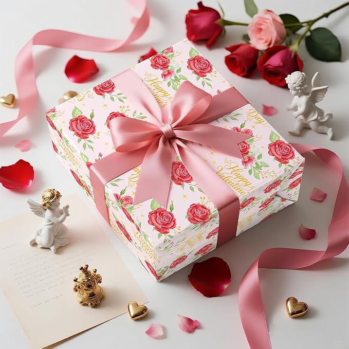 LeZakaa Valentines Wrapping Paper Roll, Pink with Red Rose & Gold “Happy Valentine’s Day” Lettering, Romantic Floral Gift Wrap for Wedding, Anniversary, Birthday, Party, Mini Roll 17in x 16.4 Ft