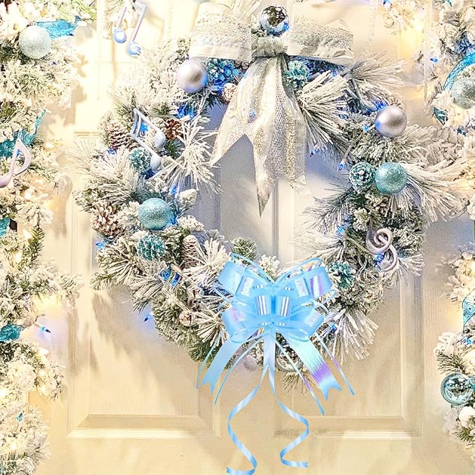 Present Bows for Gifts, Iridescent Blue Pull Bow for Baskets, Flower Bouquet, Paper, Gift Bag, Box, Baby Showers, Hanukkah(6 inches, 10PCS)