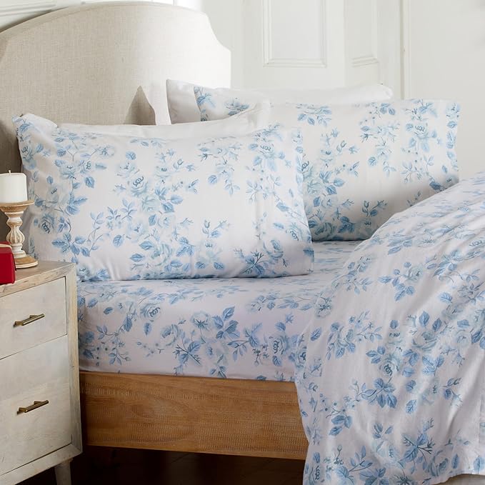 Market & Place 100% Cotton Twin Flannel Sheet Set | 3 Piece Deep Pocket Cozy Winter Floral Bed Sheets | Double Brushed for Extra Softness & Comfort | Alpine Collection (Twin, Vintage Floral)