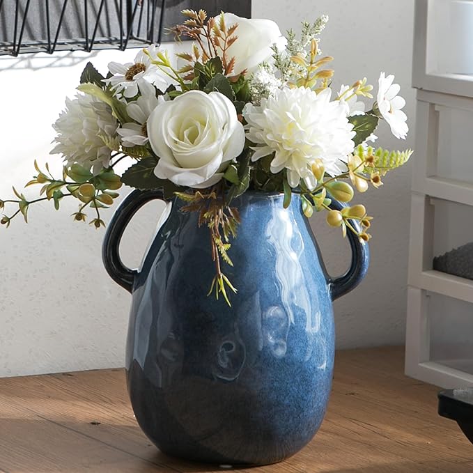 Blue Ceramic Vase with 2 Handles - Modern Farmhouse Rustic Terracotta Decorative Clay Boho Vase for Pampas Grass and Home Decor