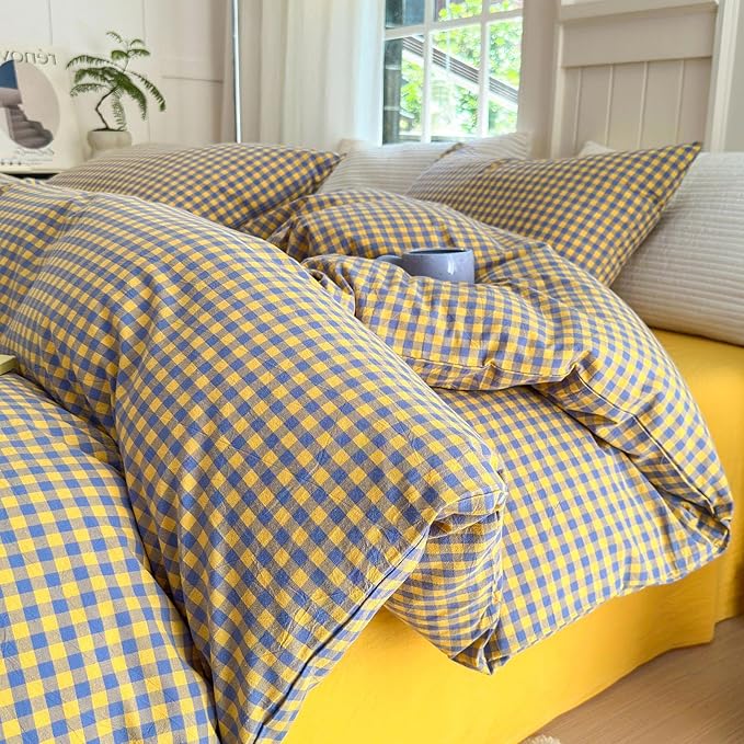 LifeTB Gingham Comforter Set King Modern Style Checkered Plaid Printed Bedding Comforter Set 3 Pieces Boho Grid Comforter King Fluffy Soft Purple Yellow Gingham Bedding Comforter with 2 Pillowcases
