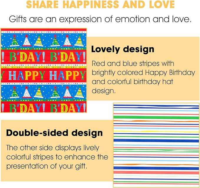 Afucus Reversible Birthday Wrapping Paper, Colorful Birthday Hats and Stripes Themed Gift Wrapping Paper, Cute Mini Rolls for Boys Girls Kids Men and Women, Party, Baby Shower (17 Inch X 33 Feet)