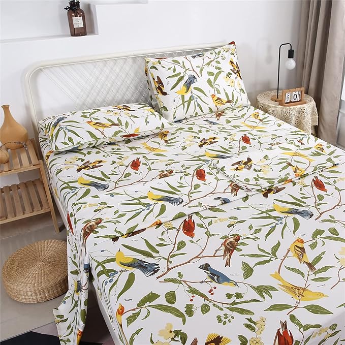 RYNGHIPY Farmhouse Flowers Print Bed Sheet Collection Set Botanical Floral Sheets with Pillowcases (White Green,Full Size)