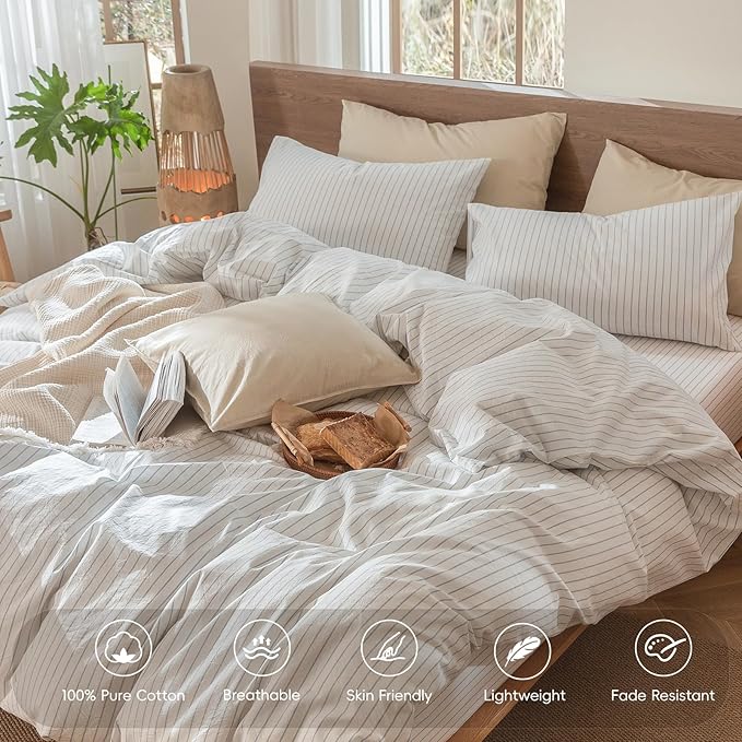 MooMee Striped Duvet Cover Set 100% Washed Cotton Linen Like Textured Breathable Durable Soft Comfy (White Cornflower Blue Wide Stripes, Super King 108"x98")