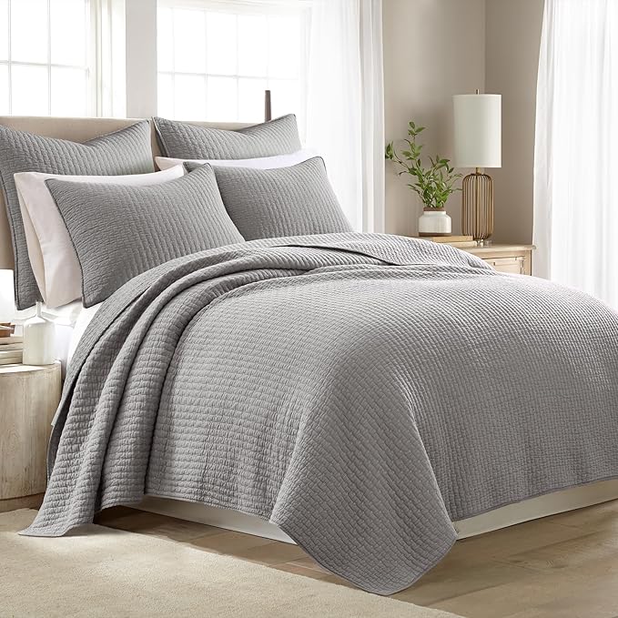 Levtex Home Cross Stitch Reversible King/Cal King Quilt Set (106x92in) and 2 Pillow Shams (36x20in) - Stitch Texture - Light Grey - Cotton King Size Quilt Bedding Set - Lightweight, Soft, Pre-Washed