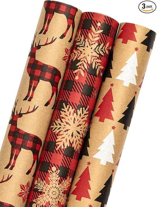 MAYPLUSS Kraft Christmas Wrapping Paper Roll - Mini Roll - 17 inch X 120 inch Per roll - 3 Different Red Reindeer & Snowflakes Design (42.3 sq.ft.ttl)
