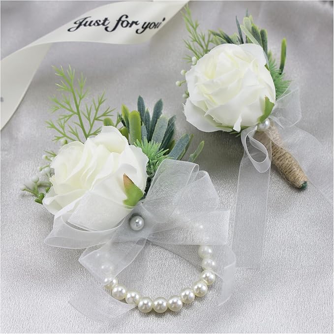 SITUMEIZI Ivory Rose Wrist Corsage and Boutonniere Set Corsage Wristlet Band Bracelet for Prom Decor Boutonniere for Men Wedding White Flowers Accessories Party Suit Decoration