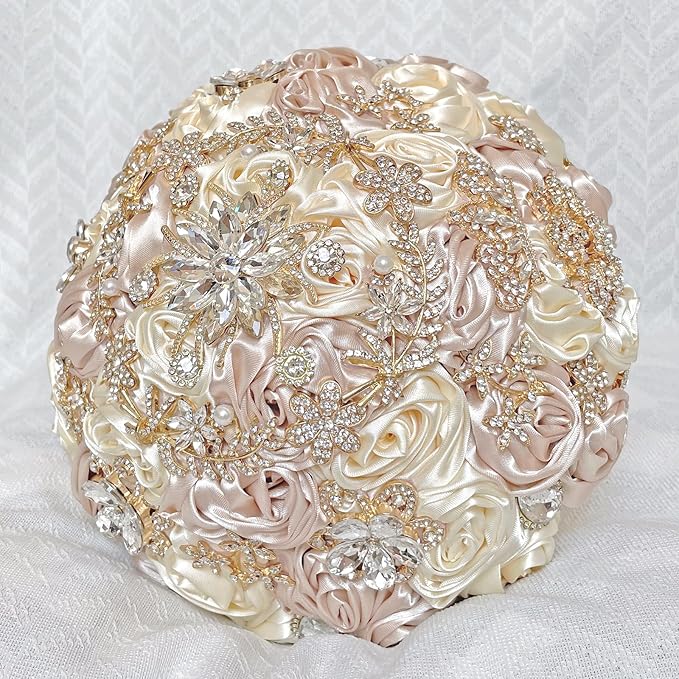 Handmade Satin Rose Floral Bling Pearl Decor Bridal Wedding Bouquet Rhinestone Pendant Artificial Brooch Flowers for Bride Bridesmaid Quinceanera