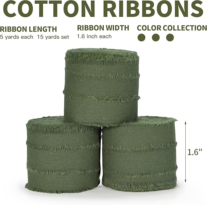 Hunter Green Ribbon 1-1/2 x 15 Yards Handmade Cotton Frayed Fringe Fabric Ribbons for Crafts Flower Bouquets Wedding Christmas Tree Home DIY Decor