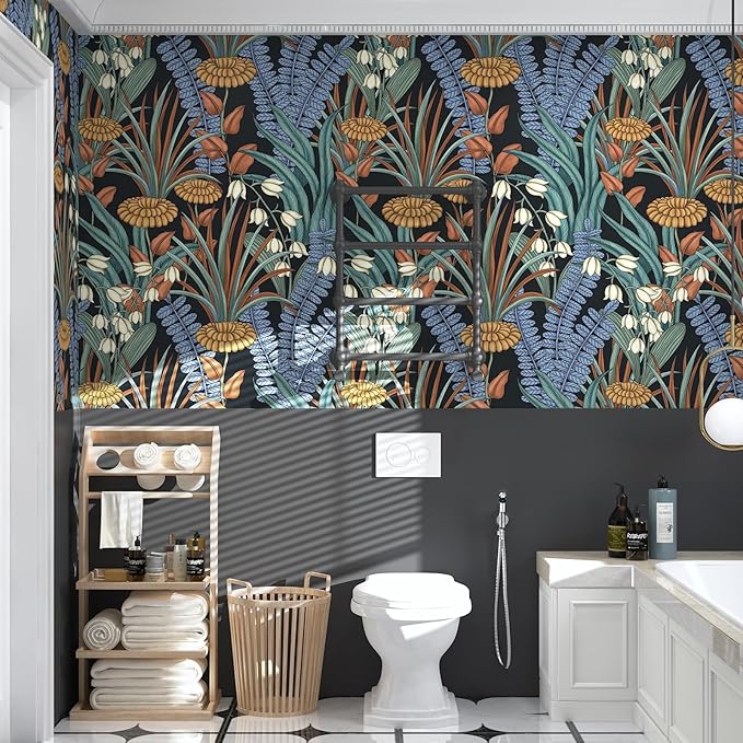 Boho Floral Peel and Stick Wallpaper Tropical Leaf Contact Paper,Vintage Botanical Flower Wall Paper, Self Adhesive Wall Mural 17.5" x 393" for Bedroom Cabinet Countertop Decor (Black, Orange, Blue)