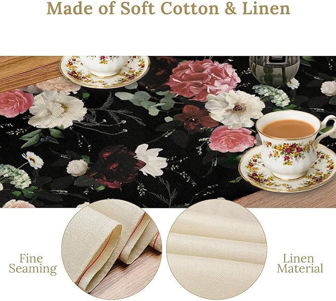 Floral Table Runner,Vintage Gothic Flowers Plant Prints Table Runner for Home Kitchen Table Decor Dining Coffee Room Party Decor 13x90 Inch