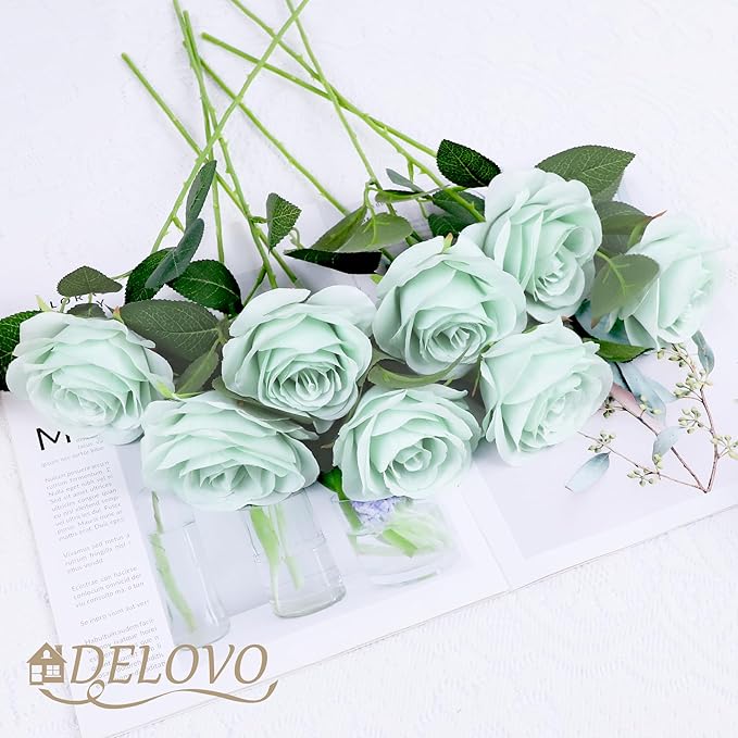 52pcs Sage Green Roses Artificial Flowers Sage Green Fake Flowers Silk Roses with Stems for DIY Wedding Bouquets Bridal Shower Centerpieces Arrangements Party Decorations