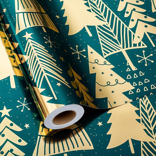 MAYPLUSS Wrap Paper Roll - 17 Inch X 33 Feet - Luxurious Metallic Foil Green Elegant Christmas Tree Winter Gift Wrapping Paper, Festive Decoration
