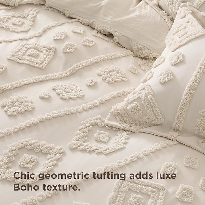 Bedsure Boho Duvet Cover Queen Size - Beige Tufted Boho Bedding, Farmhouse Shabby Chic Embroidery Bedding for All Seasons, 3 Pieces, 1 Soft Jacquard Queen Comforter Cover and 2 Pillow Shams