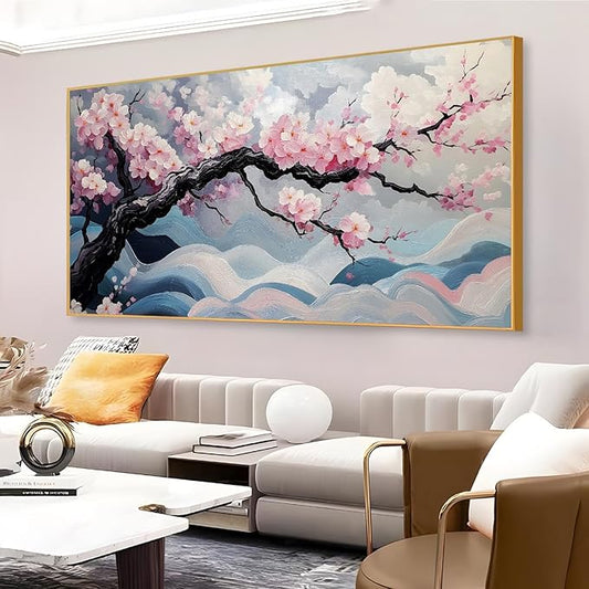 Japanese Cherry Blossom Canvas Wall Art, Sakura Tree Canvas Print, Pink Floral Pictures, Cherry Blossom Tree Wall Art, Flower Branch Decor, Nature Prints for Living Room (Gold Framed, 31"x15" | 80x40cm)