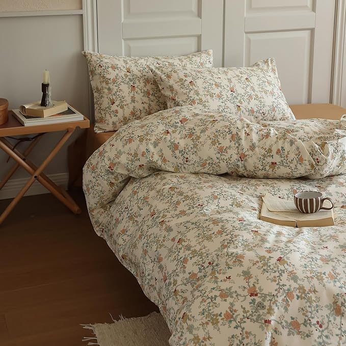 Vintage Style Botanical Floral Duvet Cover Full 3 Pieces Chic Floral Tree Branches Bedding Set Cotton Botanical Flower Duvet Cover with 2 Pillowcases Boho Floral Cottagecore Duvet Covet Full Size