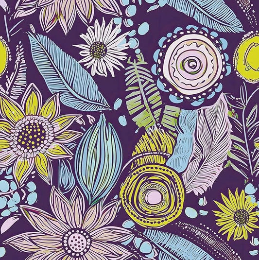 Purple Boho Wallpaper Peel and Stick,Vintage Yellow Floral Contact Paper 17.5" x 393", Botanical Flowers Retro Absract Wall Paper Self Adhesive Removable Waterproof for Walls Shelves Cabinet Table