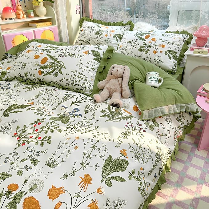 Botanical Floral Duvet Cover with Green Ruffle 100% Cotton Vibrant Flower Duvet Cover Twin Girls Romantic Comforter Cover Princess Lace Coquette Bedding Vintage Aesthetic Flower Comforter Cover Twin