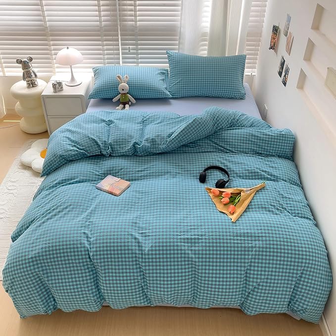 LifeTB Blue Gingham Comforter Set King 3 Pieces Blue Grey Grid Checkered Pattern Comforter with 2 Pillowcases Farmhouse Gingham Grid Bedding Set Soft Fluffy Modern Geometric Plaid Comforter Set