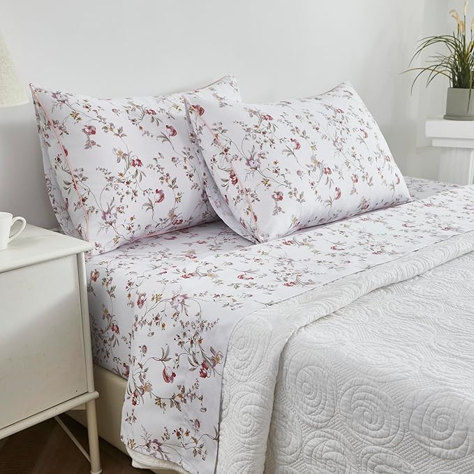 FADFAY Sheets Set King Rustic Pink Floral Botanical Bedding Set Luxury 100% Egyptian Cotton Bed Sheet Set Soft Breathable for All Season Bedoom Decor with 17.7 Deep Pocket Fitted Sheet, King Size