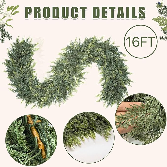 16 Ft Christmas Cedar Garland, Realistic Faux Pine Garlands, Green Artificial Greenery Garland for Winter Home, Mantle, Fireplace, Indoor, Outdoor Christmas Decorations (1Pcs)