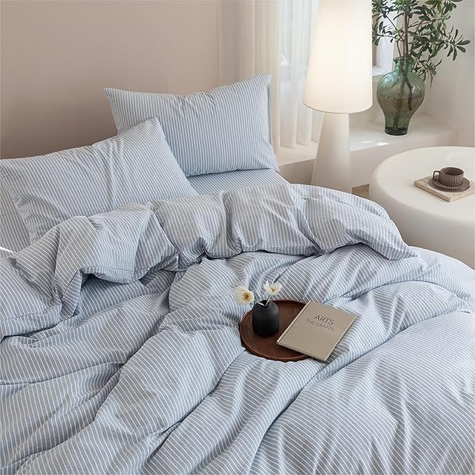 JIYUAN 100% Washed Cotton Striped Duvet Cover Set 3 Pieces King, 1 Duvet Cover and 2 Pillowcases(Comforter Not Included),Linen Like Comfy and Breathable,Pinstripes - Heathered Cornflower Blue White