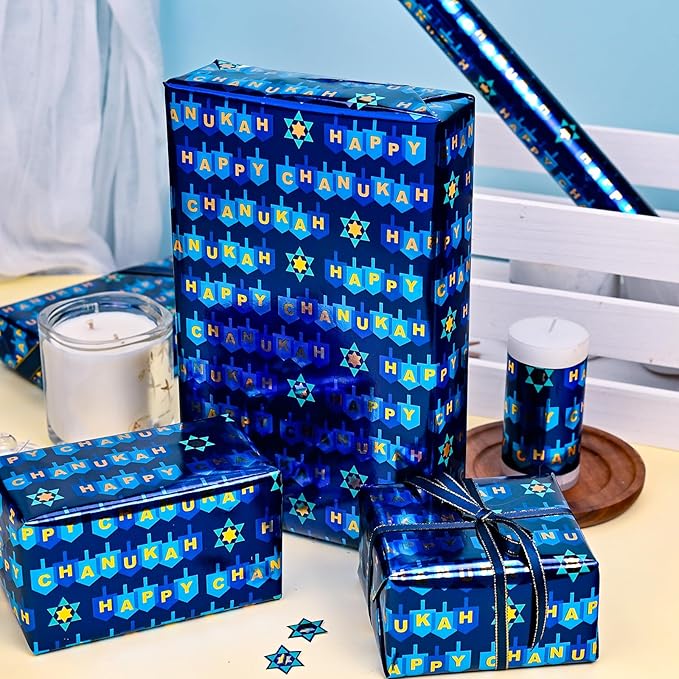 MAYPLUSS Reversible Wrapping Paper - Mini Roll - 17in * 32.8 Feet- Happy Hanukkah Lettering with Glitter Metallic Foil (47.3 sq.ft.ttl) for Chanukkah,Christmas