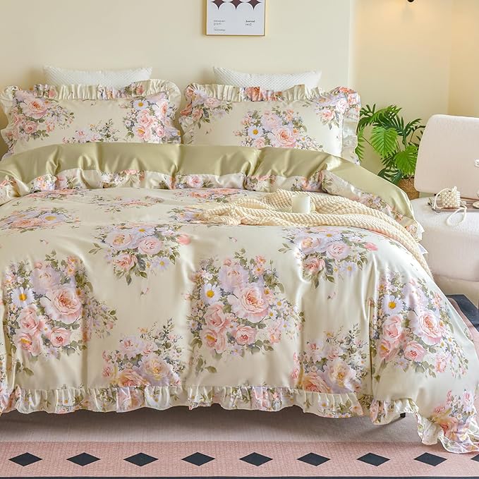 Ruffle Floral Duvet Cover Set 100% Cotton Queen Size, Shabby Blush Pink Cream Rose Comforter Cover, Satin Weave, Soft & Breathable, French Country Cottagecore Bedding 3Pcs-Not Comforter