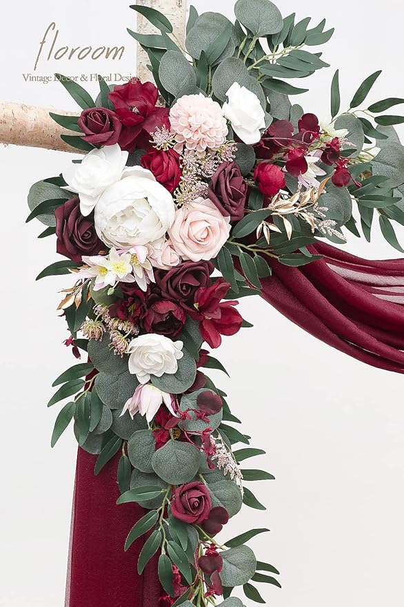 Floroom Arch Flowers with Drapes Kit (Pack of 4) - 2pcs Artificial Burgundy Floral Swag Arrangement with 2pcs Draping Fabric for Wedding Ceremony Arbor and Reception Backdrop Decoration