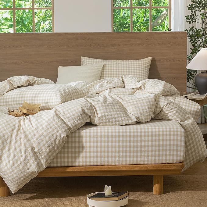 MooMee Gingham Duvet Cover Set 100% Washed Cotton Linen Like Textured Breathable Durable Soft Comfy Modern Checkered Design (Almond Milk Grey Gingham, Cal King 104"x98")