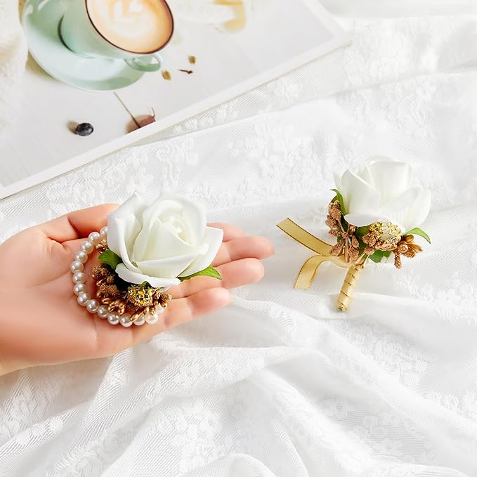 SITUMEIZI 2Pcs Corsage and Boutonniere Set Corsage Wristlet for Prom Decor Boutonniere for Men Wedding Flowers Accessories Party Suit Decoration(Platinum)