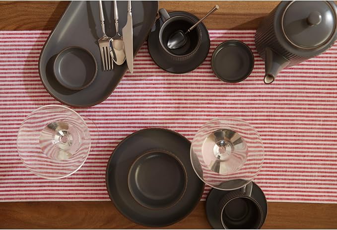 Solino Home Linen Table Runner 60 Inches - Narrow Stripe 100% Pure Linen Red and White Table Runner 14 x 60 Inch Ideal for Dresser and Coffee Tables - Valentines, Winter, Spring, Easter