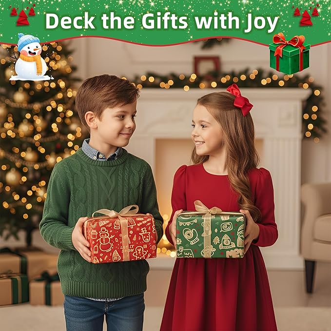 Anvure Christmas Wrapping Paper (4 Rolls: 93 sq. ft. ttl.) Kraft Set Featuring Santa Claus, Snowman & Xmas Presents, Red & Green Holiday Designs for All Gift Wrap Needs 17 Inch X 16.4 Feet Per Roll