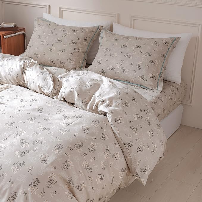 HighBuy Boho Floral Comforter Set Queen Beige Bedding Comforter Sets Queen Boho 3 Piece for Women Girl Cottagecore Flower Comforter Set with 2 Pillowcases,Cozy Bed Comforter Sets