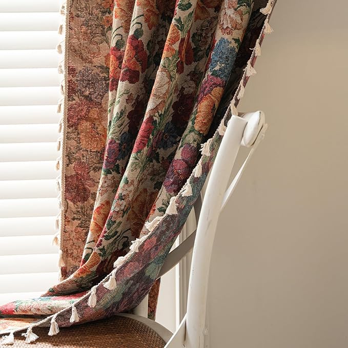 ENJOYBRIDAL Floral Curtains 63 Inch Long Semi Sheer Short Drapes Bedroom Rod Pocket Jacquard 2 Panels Window Curtains Farmhouse Boho Tassel Patterned Living Room Botanical Window Treatments