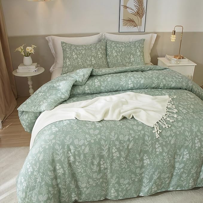 EAVD Vintage Style Garden Sage Floral Duvet Cover Full Soft Cotton Chic Shabby Cute Floral Botanical Bedding Set with 2 Pillowcases Fresh Reversible Botanical Duvet Cover with Zipper Closure