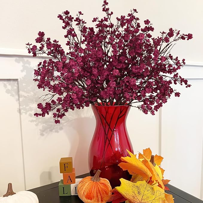 Yastouay Fake Fall Flowers Real Touch Silk Flowers, 15Pcs Fall Burgundy Artificial Flowers for Decorations, Babys Breath Artificial Flowers Bulk for Thanksgiving Fall Decor Floral Arrangement