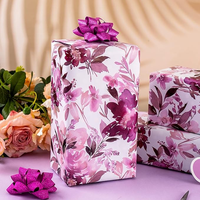 Burymento Purple flowers Wrapping Paper, Reversible Color Happy Birthday Gift Wrap for Birthday, Valentines, Mothers day, Graduation, Wedding, Fathers day, Baby Shower, Christmas (17in x 16.4ft)