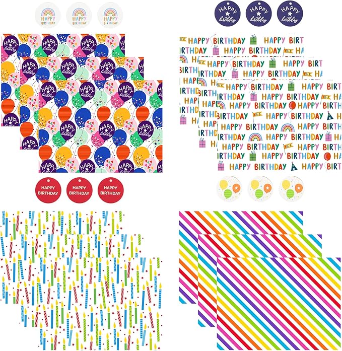 WRAPAHOLIC Birthday Wrapping Paper Sheet - 12 Sheets Folded Flat with 12 Gift Tags for Party, Baby Shower - 19.7 Inch X 27.5 Inch Per Sheet