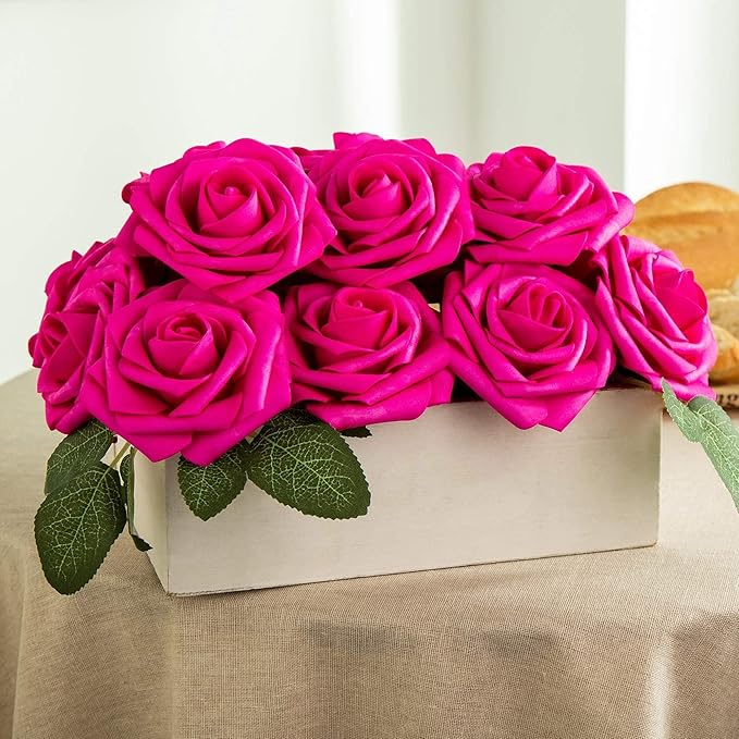 Artificial Flower Foam Hot Pink Rose 50pcs Real Looking Fake Rose with Stems Leaves for Home Decoration Party Garden Centerpieces DIY Wedding Bouquets（Hot Pink）