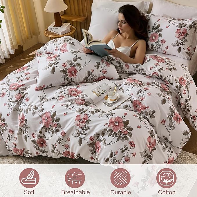 Bedding_Dreamer Floral Comforter Set 100% Cotton Comforter Sets King 3pcs Vintage Boho Cottagecore Floral Bedding Ultra Fluffy Soft Reversible Lightweight All Seasons