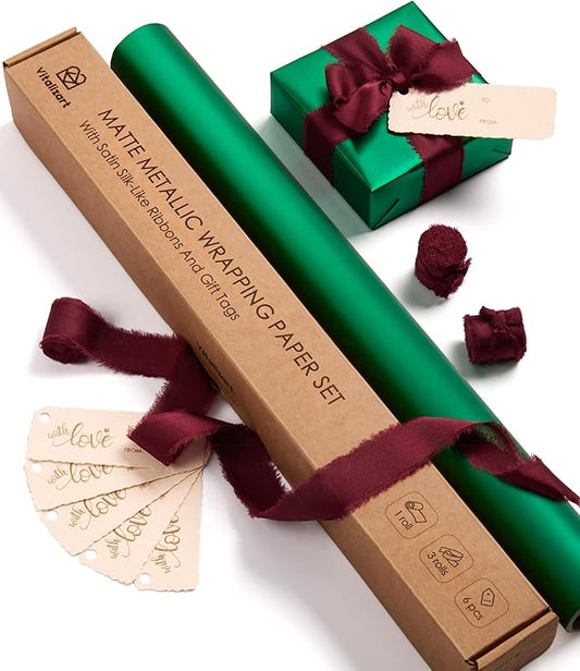 Vitalizart Green Matte Metallic Wrapping Paper Set 17" With Red Silk Like Satin Ribbon & Gift Tags Recyclable Eco-Friendly Christmas Gift Wrapping Birthday Baby Shower Wedding Handmade Crafts 197"(16.4 Ft)
