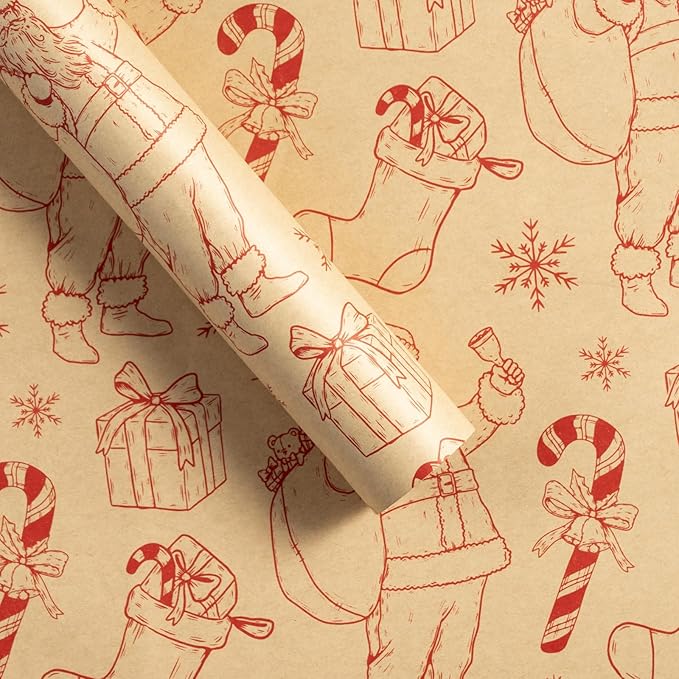 LeZakaa 20 Sheets Kraft Christmas Flower Wrapping Paper, Red Santa Sketch on Kraft Floral Bouquet Paper Gift Wrap for Christmas, Winter Holiday Party Packaging