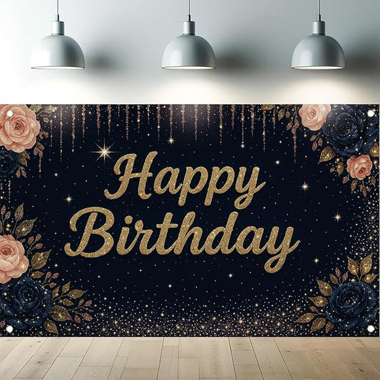 Happy Birthday Backdrop Banner Navy Blue Gold Glitter Rose Floral Birthday Party Decorations Photography Background Wedding Baby Shower Decor Booth Studio Props Supplies 71 x 43 Inch