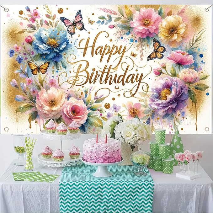 Floral Birthday Backdrop for Girls Spring Butterfly Happy Birthday Photography Background Pink Flower Blossom Plant Pastel Girls Lovely Princess Banner Photo Booth Studio 70.8 x 43.3 Inch