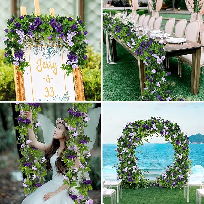 JUSTOYOU 2 Pack (15.8FT) Fake Rose Garland, Artificial Roses Vines Flower Garland Hanging Floral Vine Wedding Home Backdrop Party Arch Arrangement Decoration