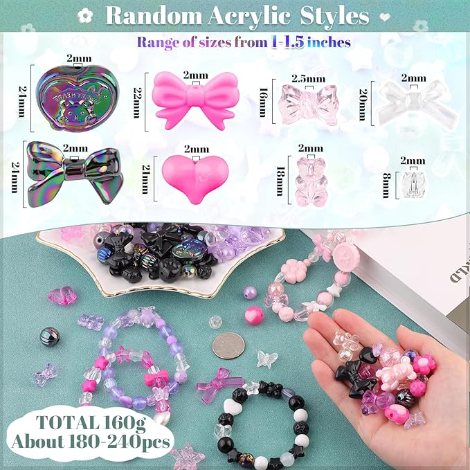 Assorted 210-270PCS Acrylic Beads for Bracelet Making,Flower Bow Candy GummyBear Kawaii Bracelet Charms, Cute Beads for Jewelry Making Necklace Keychain Phone Charm Christmas Gifts DIY