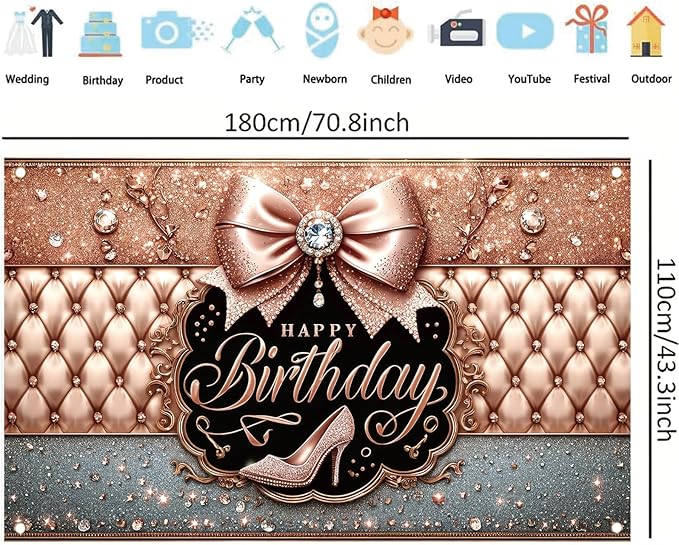 Happy Birthday Backdrop Banner Pink High Heels Birthday Photo Backdrop Photography Background Glitter Diamond Decorations Girl Sweet Party Banner Photo Booth 71 x 43 Inch